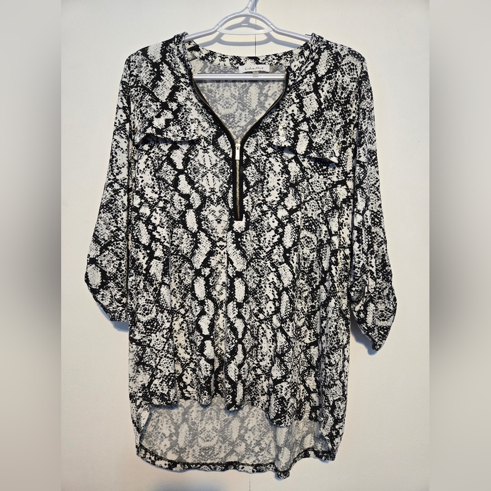 Calvin Klein Women's Snake Print Zip Front Tunic Top Black White Large